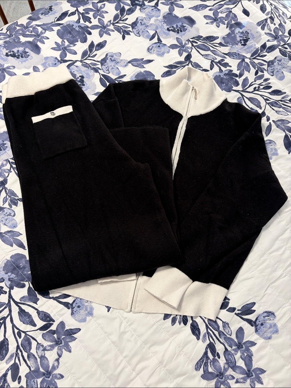Black and Cream Two-Tone Zip Jacket and Pants Set